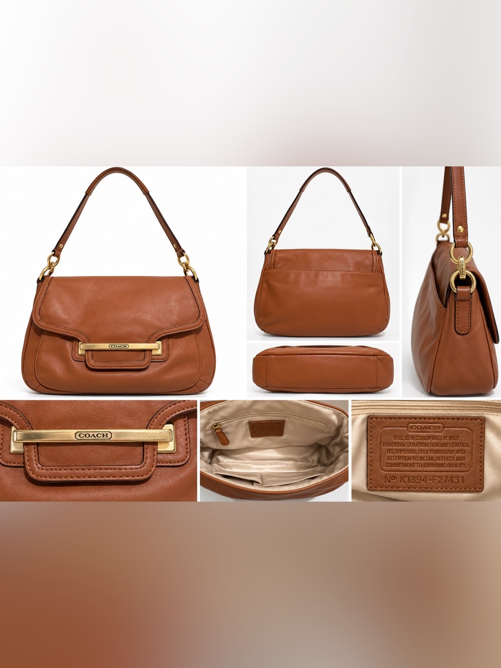 Coach Kristin Leather Flap Shoulder Bag Brown Cognac Gold Hardware F27431